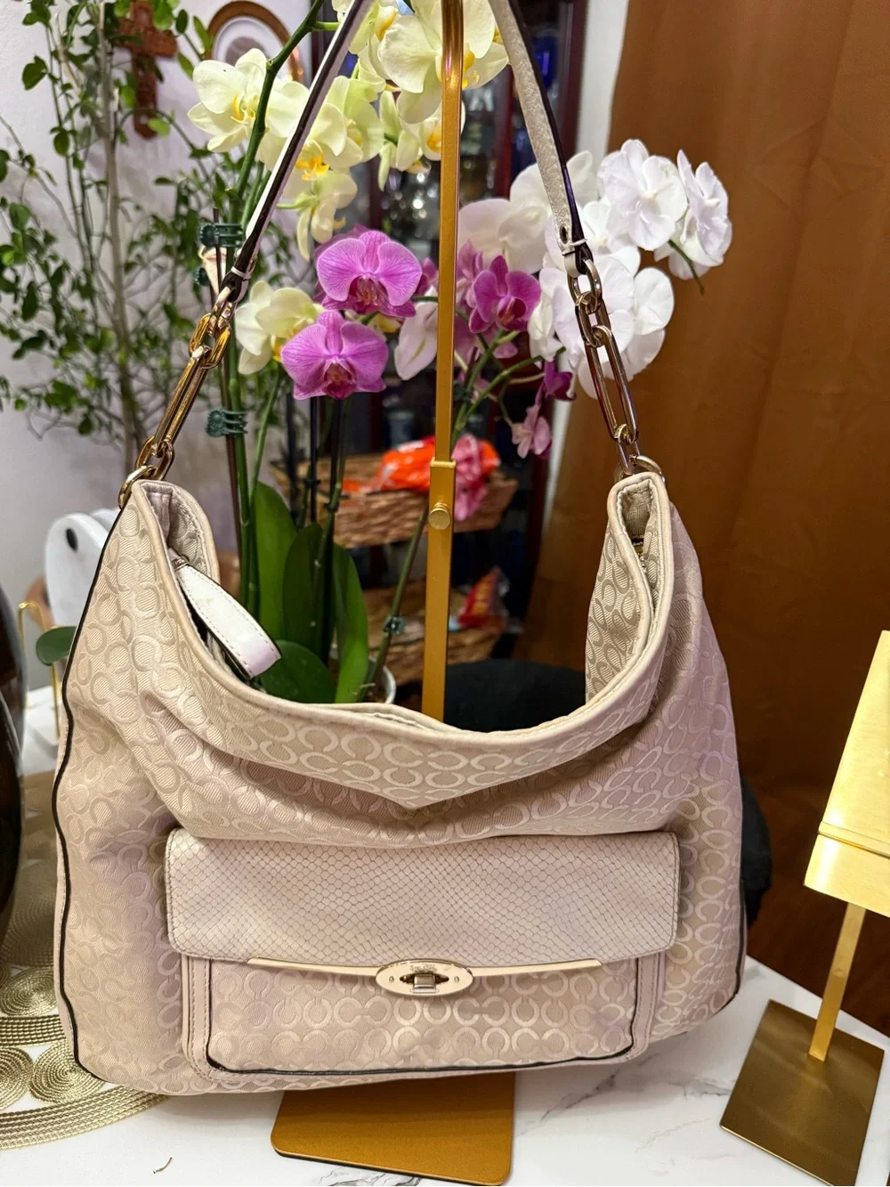 Coach Cream Jacquard Hobo Bag with Gold Hardware